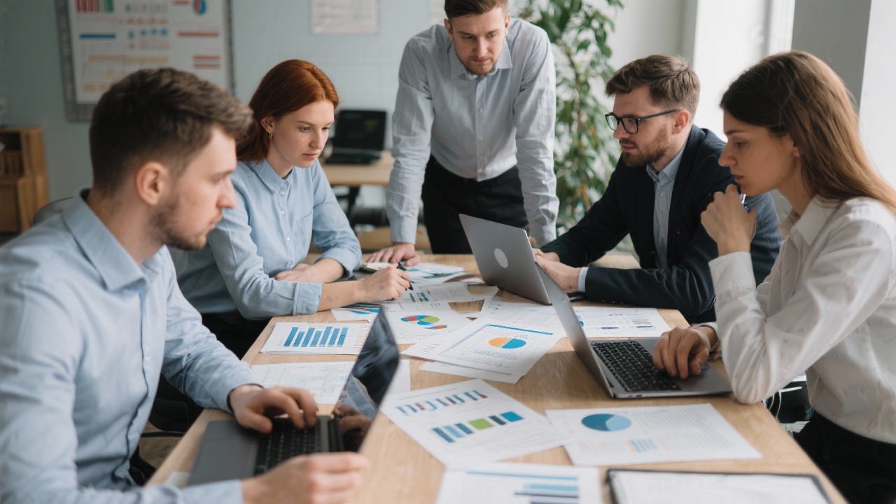 Small analytics team collaborating over printed reports and laptops to tailor business intelligence solutions for Hungarian entrepreneurs