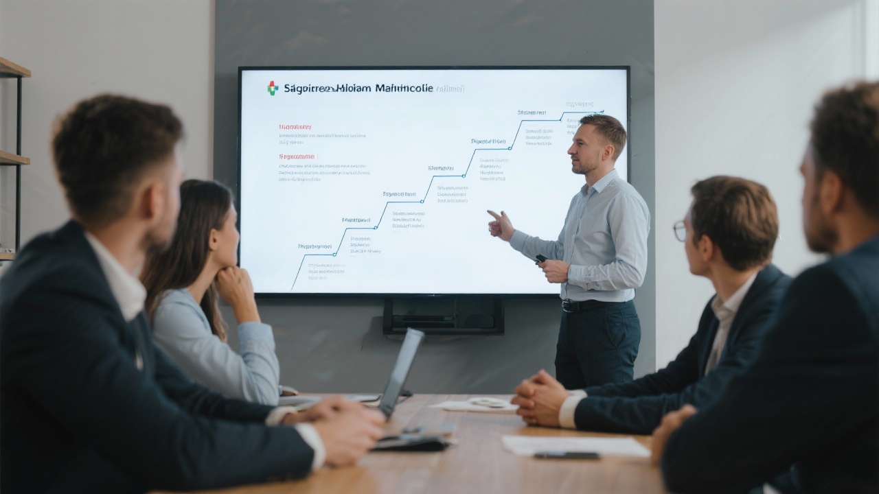 Consultant presenting a phased implementation roadmap on a large screen to a Hungarian startup leadership team