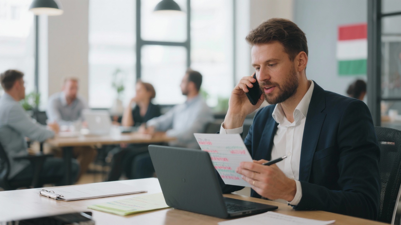 Business consultant speaking on the phone while reviewing digital notes for coordinating a meeting with a Hungarian startup team