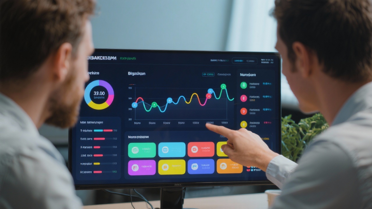 Two colleagues configuring a business intelligence dashboard with colorful widgets tracking marketing performance and revenue pipelines in Budapest