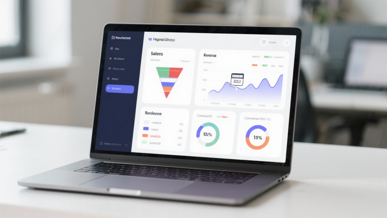 Digital dashboard interface on a laptop showing sales funnel, revenue trends, and conversion ratios for a Hungarian startup in a bright workspace