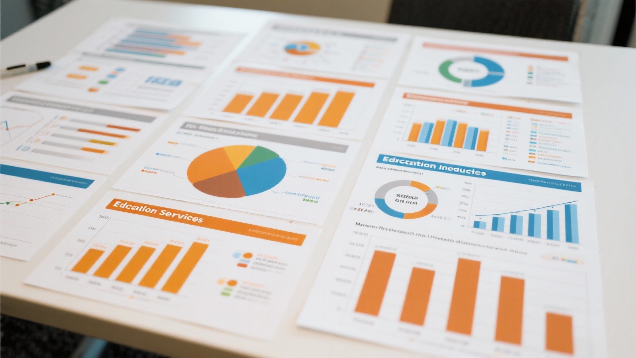 Collection of sector-specific data charts laid out on a table demonstrating insights across retail, services, and education industries