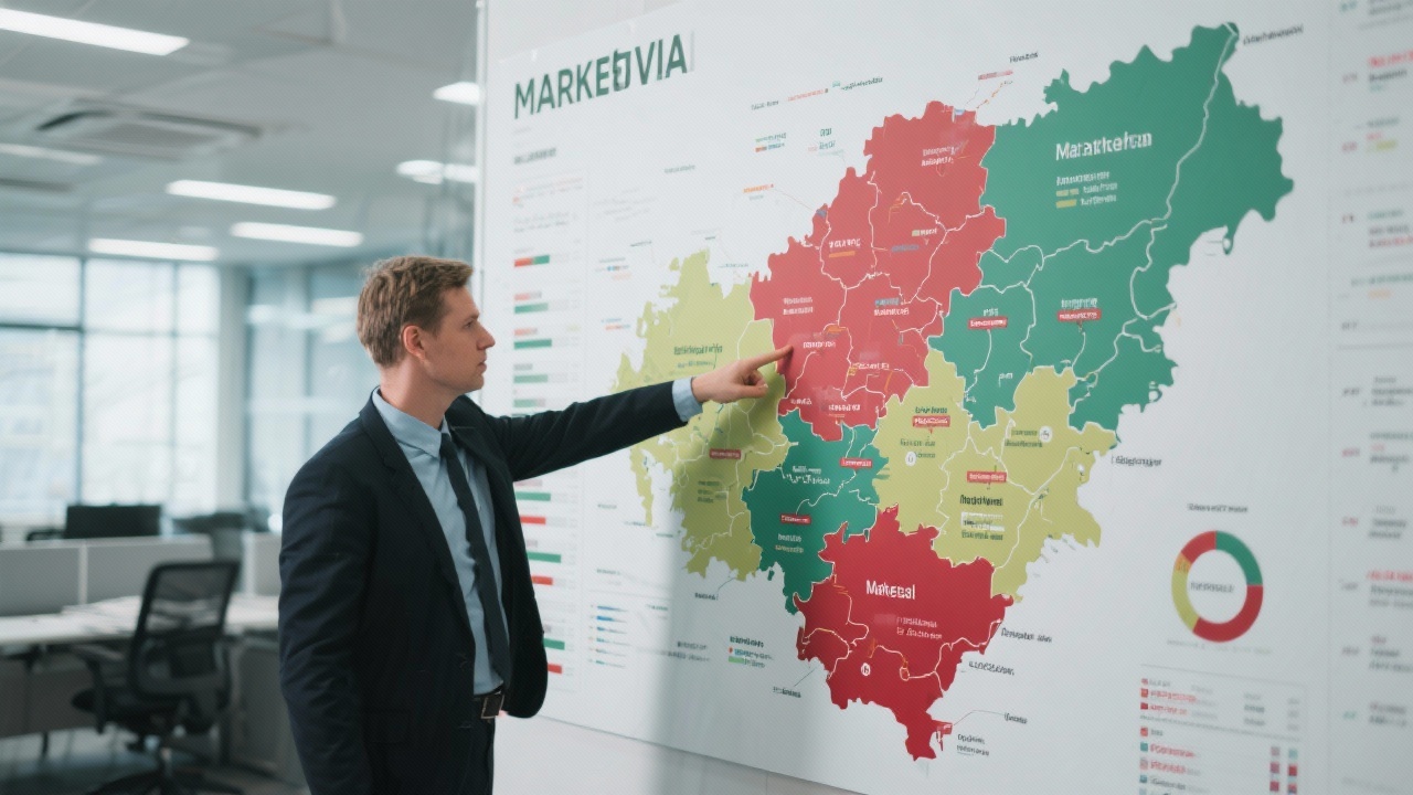 Market analyst pointing at a large map of Hungary with highlighted regions and annotated market research data in a modern office environment