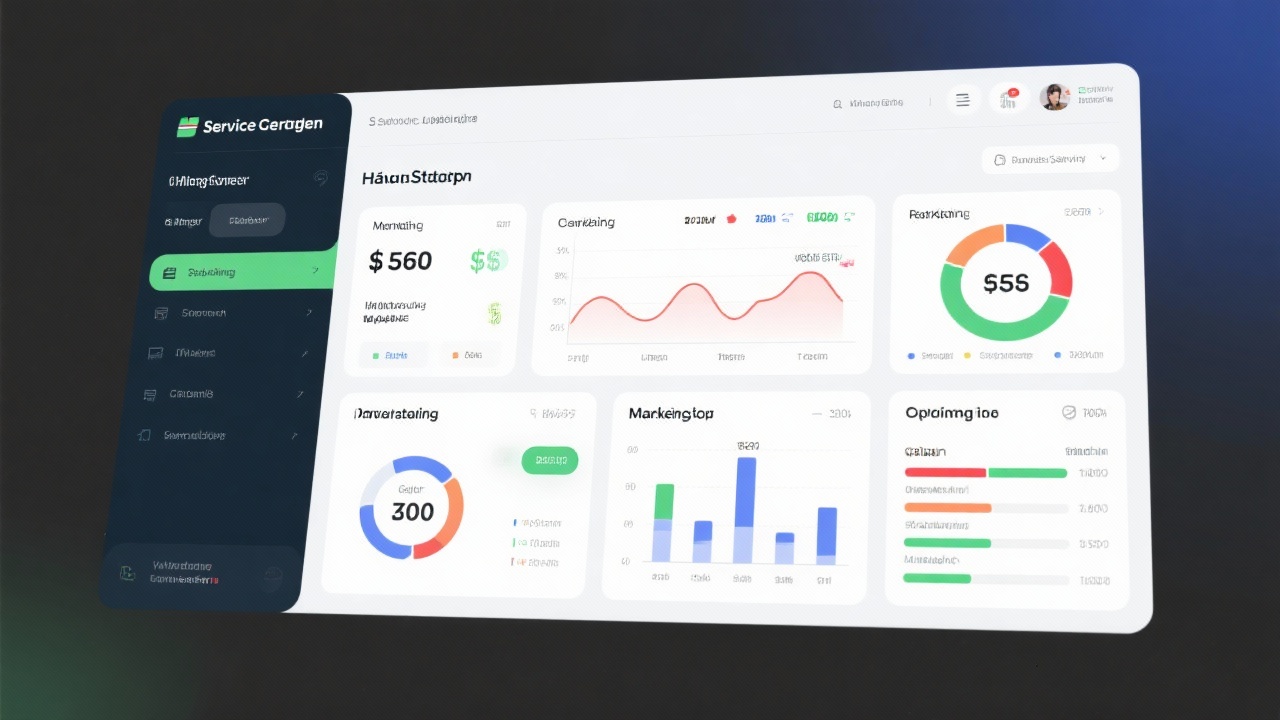 Service overview dashboard displaying financial, marketing, and operational metrics tailored for Hungarian startups