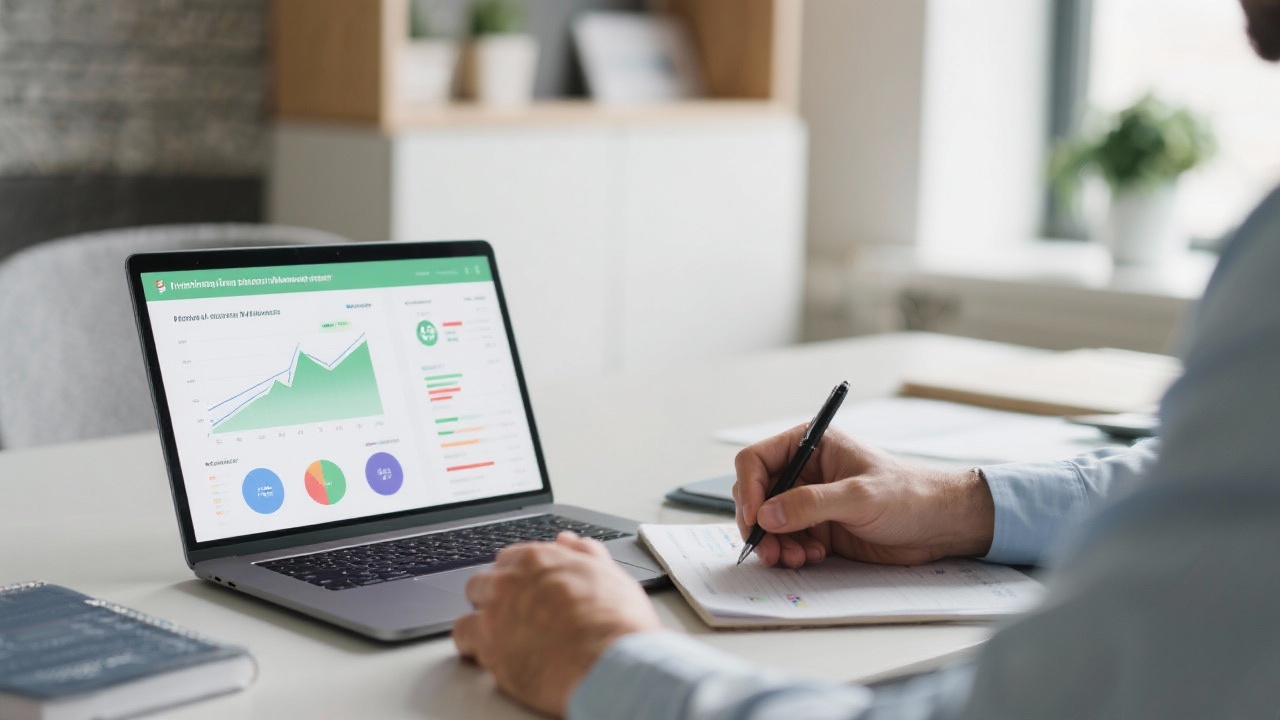 Financial analyst reviewing projected cash flow charts and operational metrics on a laptop while taking notes for a Hungarian startup budget review