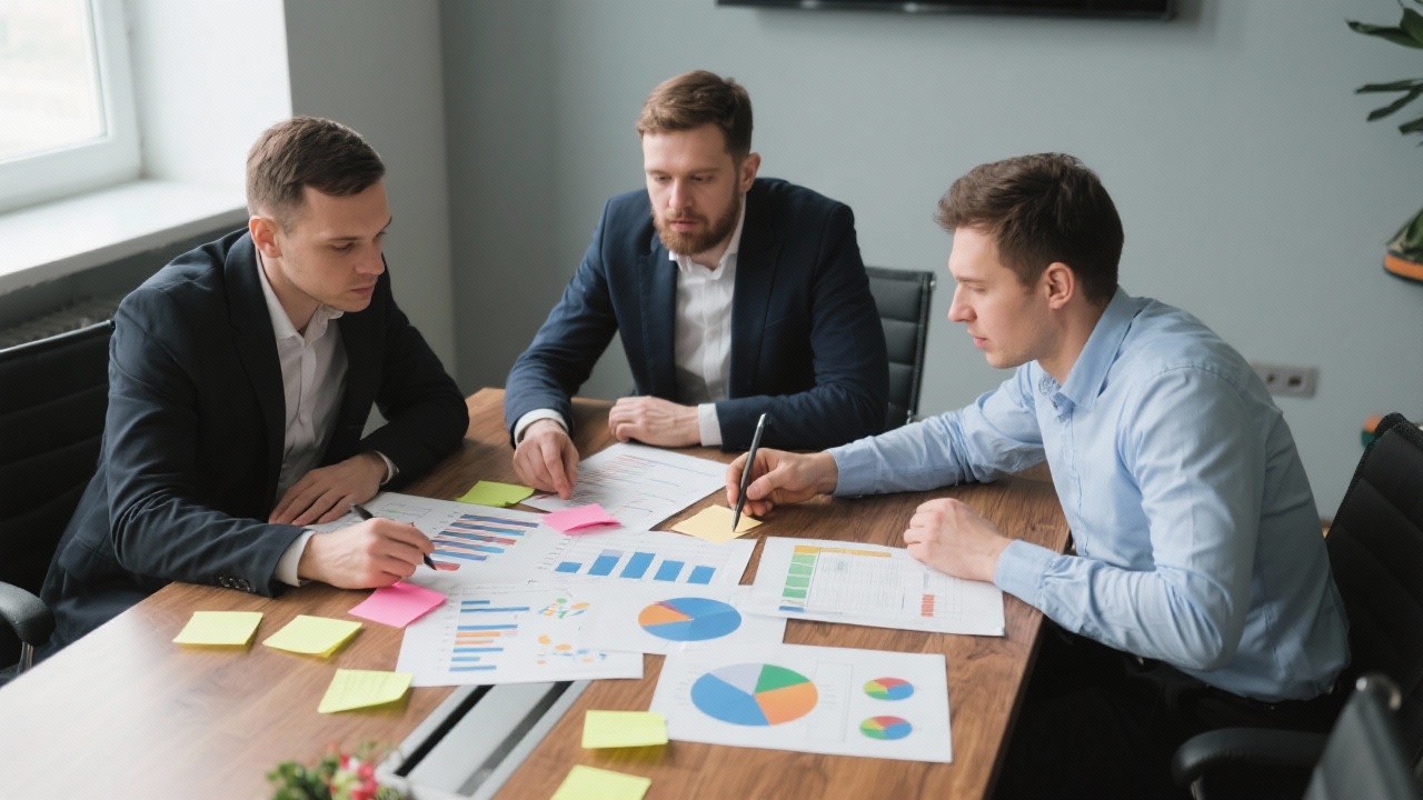 Three professionals reviewing data charts and sticky notes around a conference table while discussing strategic analytics steps for a Hungarian small business launch