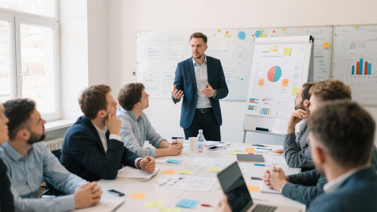 Facilitator leading a strategic workshop with Hungarian entrepreneurs using analytical frameworks and collaborative boards